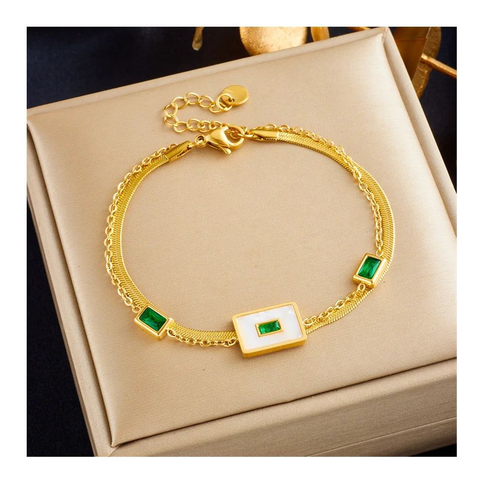 Fashion Jewelry Wholesale 18K Gold Plated Double Layer Stainless Steel Chain Square Zircon Stainless Steel Choker Necklace