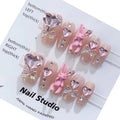 Handmade 10pcs 3D Pink Bunny Luxury French Tip Nails Ombre Heart Diamond Coffin Ballerina Artificial Fingernails Press on Nails