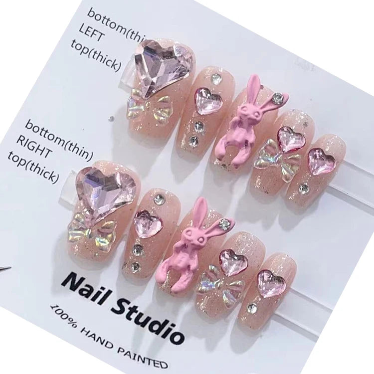 Handmade 10pcs 3D Pink Bunny Luxury French Tip Nails Ombre Heart Diamond Coffin Ballerina Artificial Fingernails Press on Nails