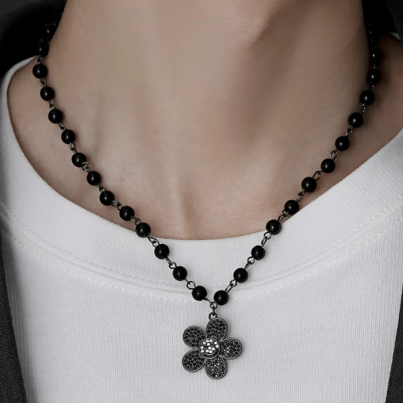 Fashion Trend Black Flower Pendant Stainless Steel Jewelry Black Pearl Necklace