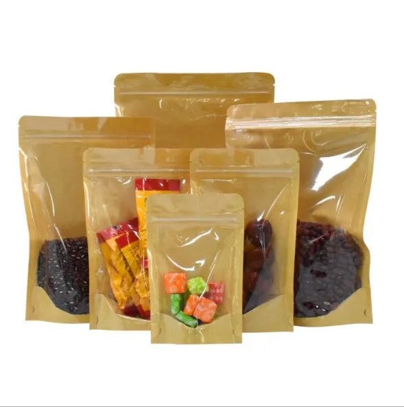 Stocked Kraft Paper Plastic Reseal One Side clear Ziplock Packages Bag for Snack With Window