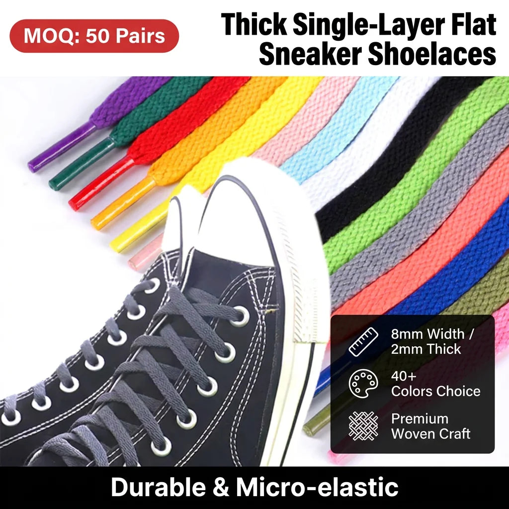 Bespoke 8mm Tough Sporty Flat Shoelaces Multicolor Polyester Replacement Strings for High-top Skate Shoes Wholesale Bulk Firm