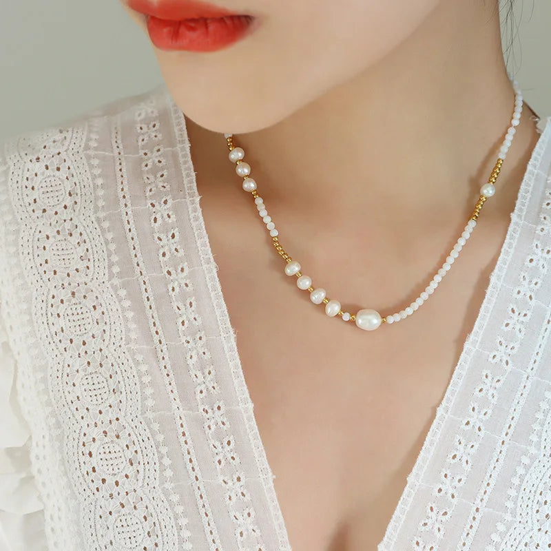 New Fashion Unique Design Stainless Steel Irregular Shell Freshwater Pearl Trendy Geometric Pendant Choker Necklace Women P1375