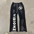 MCP032 Custom Logo Distressed Patch Embroidered Stacked Sweat Pants  Embroidery Jogger Acid Wash Flared Sweatpants