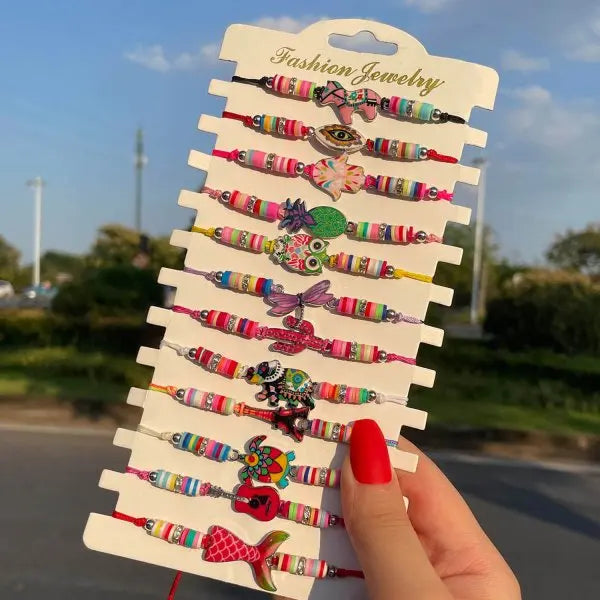 12PCS/Sets Bohemian Multicolor Bracelet Jewelry Set Ethnic Random Soft Clay Fruit Beads Animal for Women Jewelry Birthday Gifts