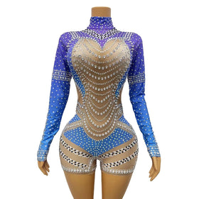 Mono Mujer Sexy Stretch One Piece Short Jumpsuit Fashion Night Club Leotard Women Stage Performance Costume Rhinestone Bodysuits
