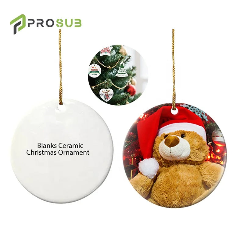 Prosub Wholesale Ceramic Blank Sublimation Christmas Ornament Round Double Side Logo Custom Sublimation Xmas Ornament