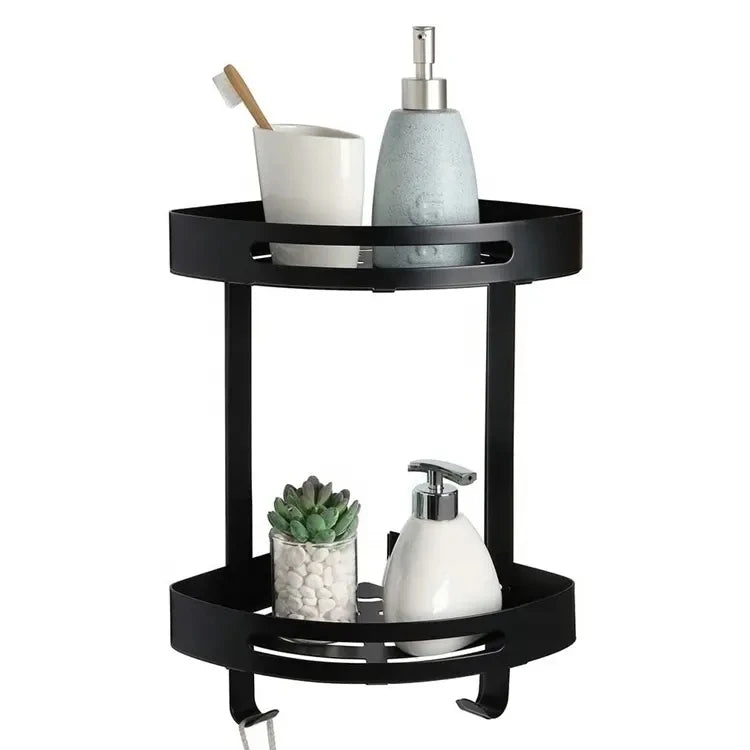 Matte Black SUS304 Stainless Steel Dual Tier Self Adhesive Shelves Multifunctional Bathroom Corner Rack Bathroom Wall Shelf
