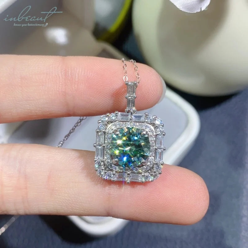 Silver 925 Original 5 Carat Brilliant Cut Diamond Test Past Green Moissanite Square Pendant Necklace for Teen Girls Fine Jewelry