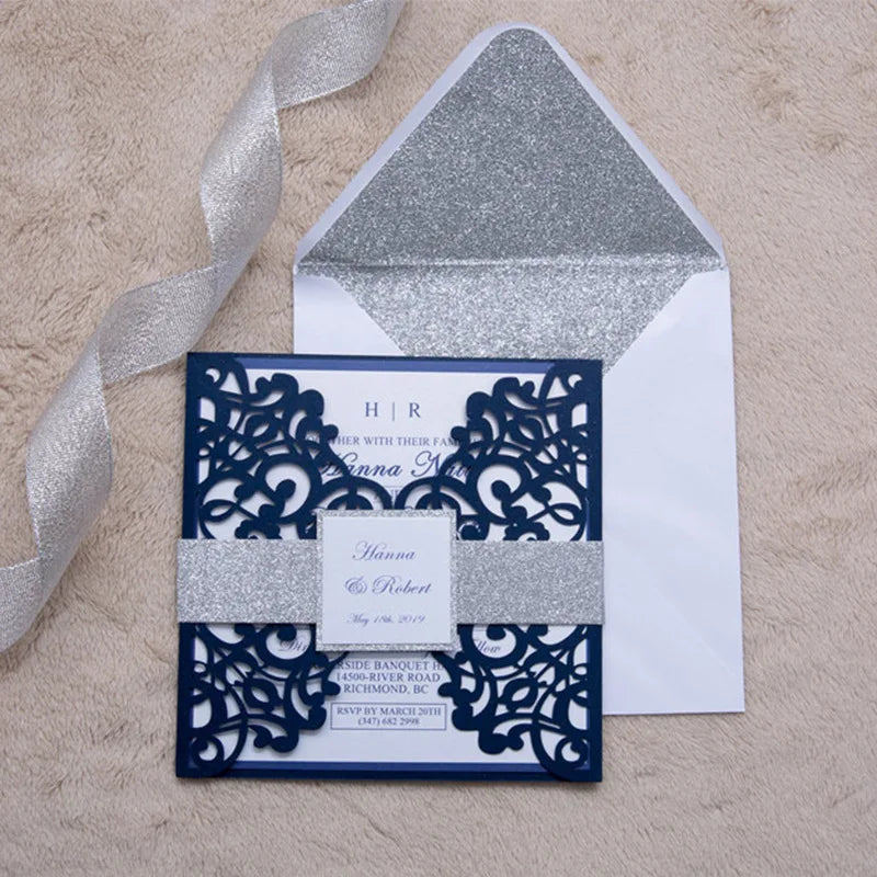 square Shape Laser Cut Paper Muslim Wedding Invitation Card Party Birthday Royal Blue Pocket Envelope Wedding Invitation