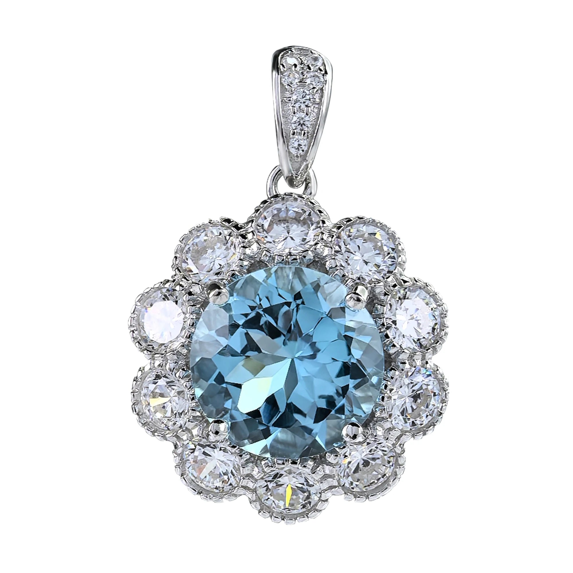Sparkling Rhodium Plated 925 Sterling Silver Natural Sky Blue Topaz Flower Pendant for Women Fine Pendants