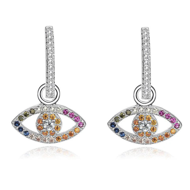Fashionable 925 Sterling Silver Evil Eye Hoop Earrings Colorful CZ Diamond Fine Jewelry