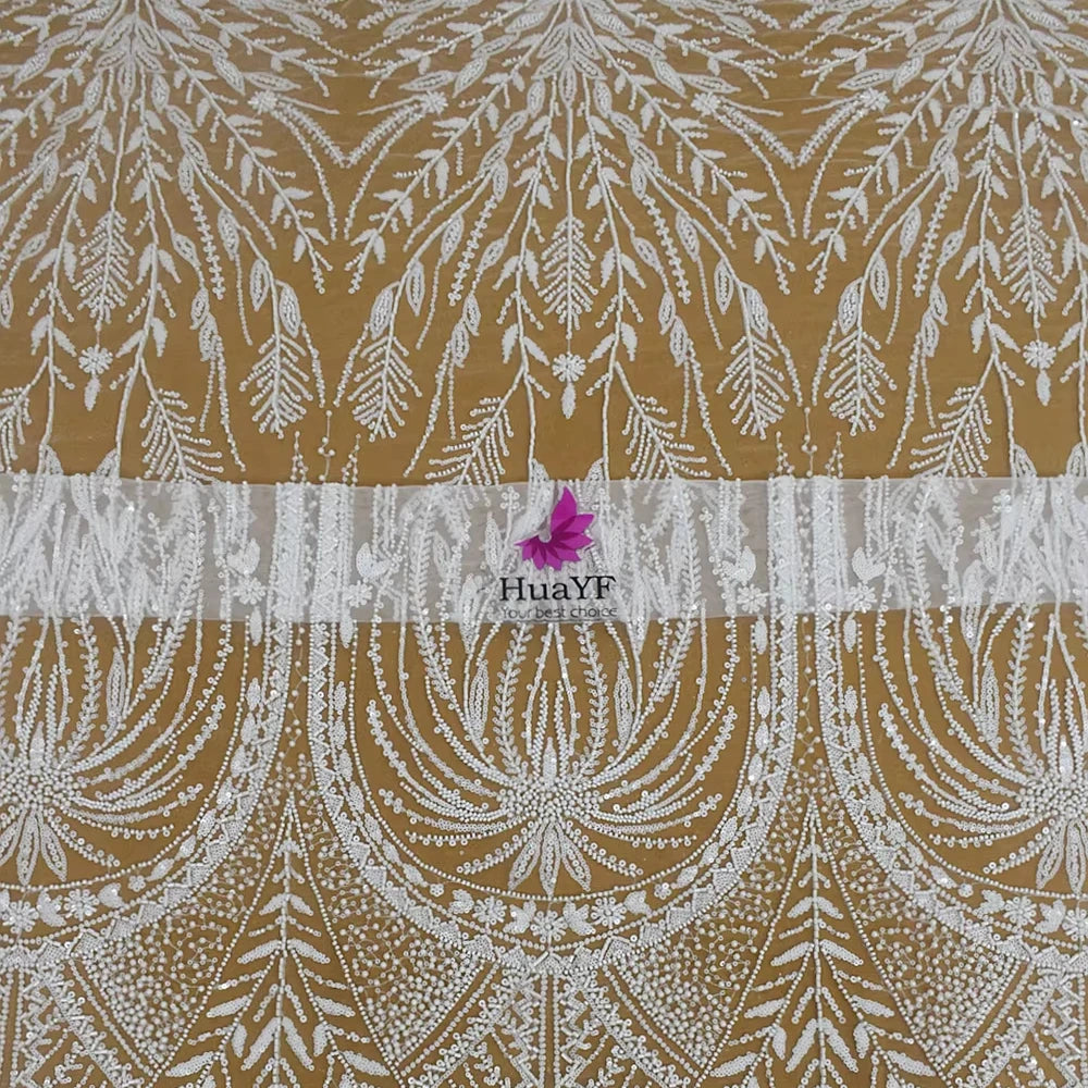 High End Nigerian White Beads Sequin Lace Bridal Wedding Embroidered Polyester Fabric Factory Wholesale Lace