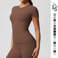 Women's Solid Color Cross-Border Short-Sleeved Sports T-Shirt Double-Sided Sanding Fitness Top with Front Print Yoga Design