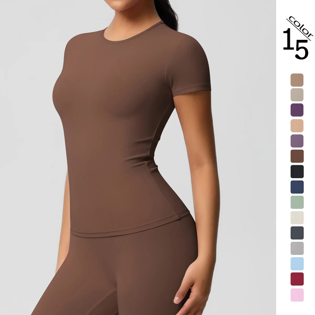 Women's Solid Color Cross-Border Short-Sleeved Sports T-Shirt Double-Sided Sanding Fitness Top with Front Print Yoga Design