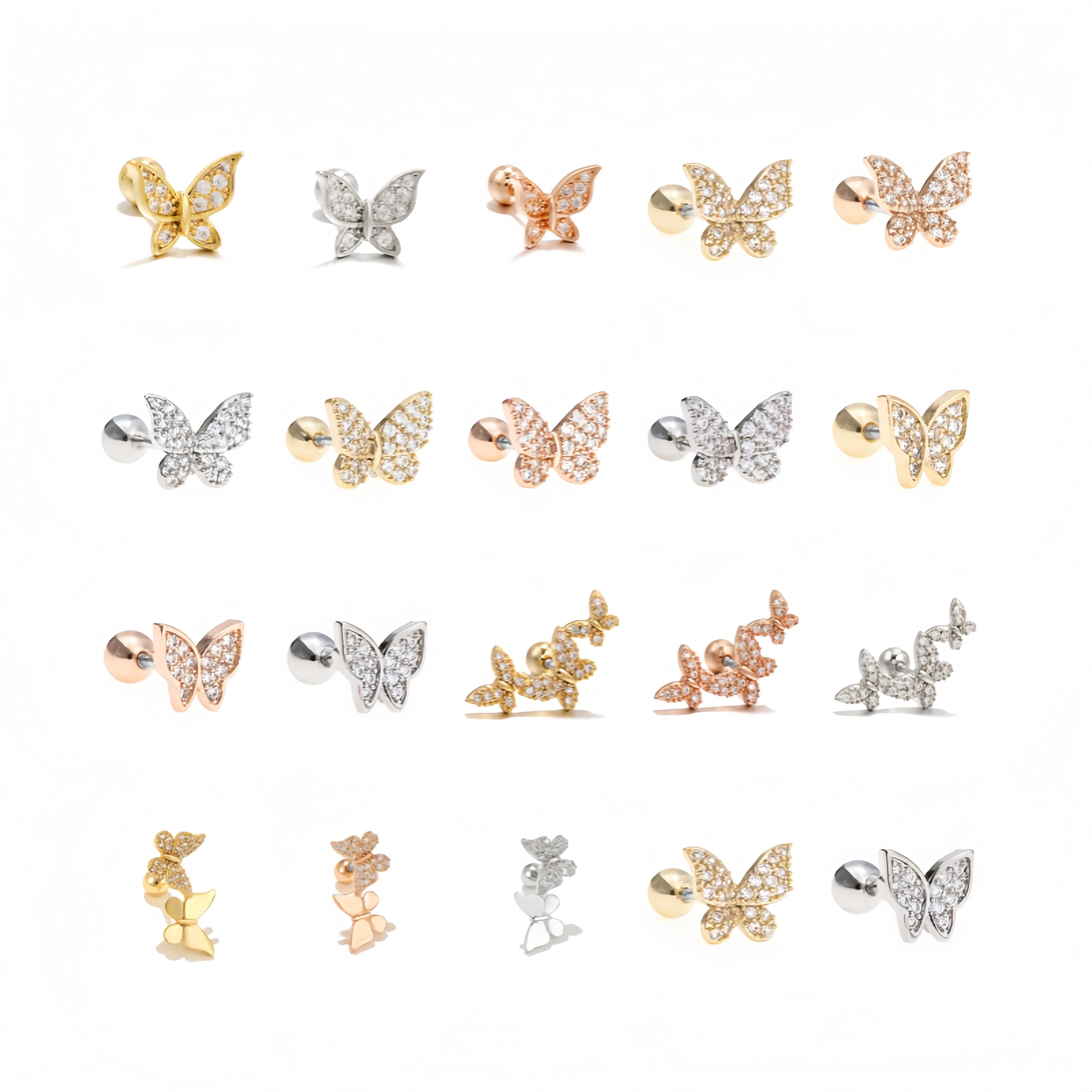 Classic Temperament Zircon Butterfly Earrings 18K Gold Plated Does Not Fade Puncture Lock Ball Screw Twist Female Ear Bone Studs