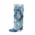 2023 Famous Brand Luxury Diamond Zipper-Up High Heels Denim Boots Summer Spring Fashion Square Toe Wide Calf Slouch Knee-High