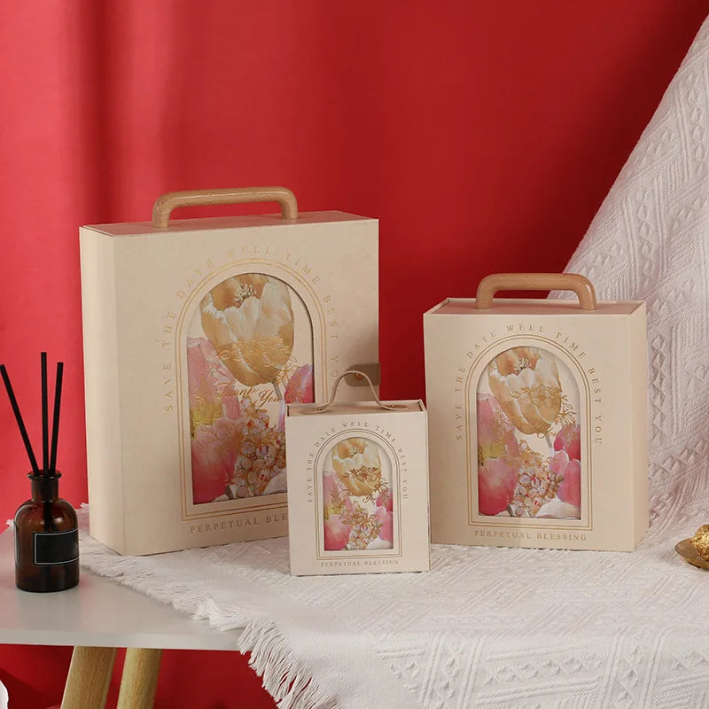 Wholesale Custom Companion Gift Box Wedding Sweet Candy Gift Box Creative Moon Cake Gift Box with Wooden Handle