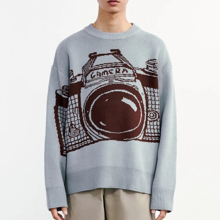 Custom LOGO OEM & ODM Men Sweaters 12gg Jacquard Knit Pullover Knitwear Winter Grey Crew Neck Knitted Cotton Designer Sweater
