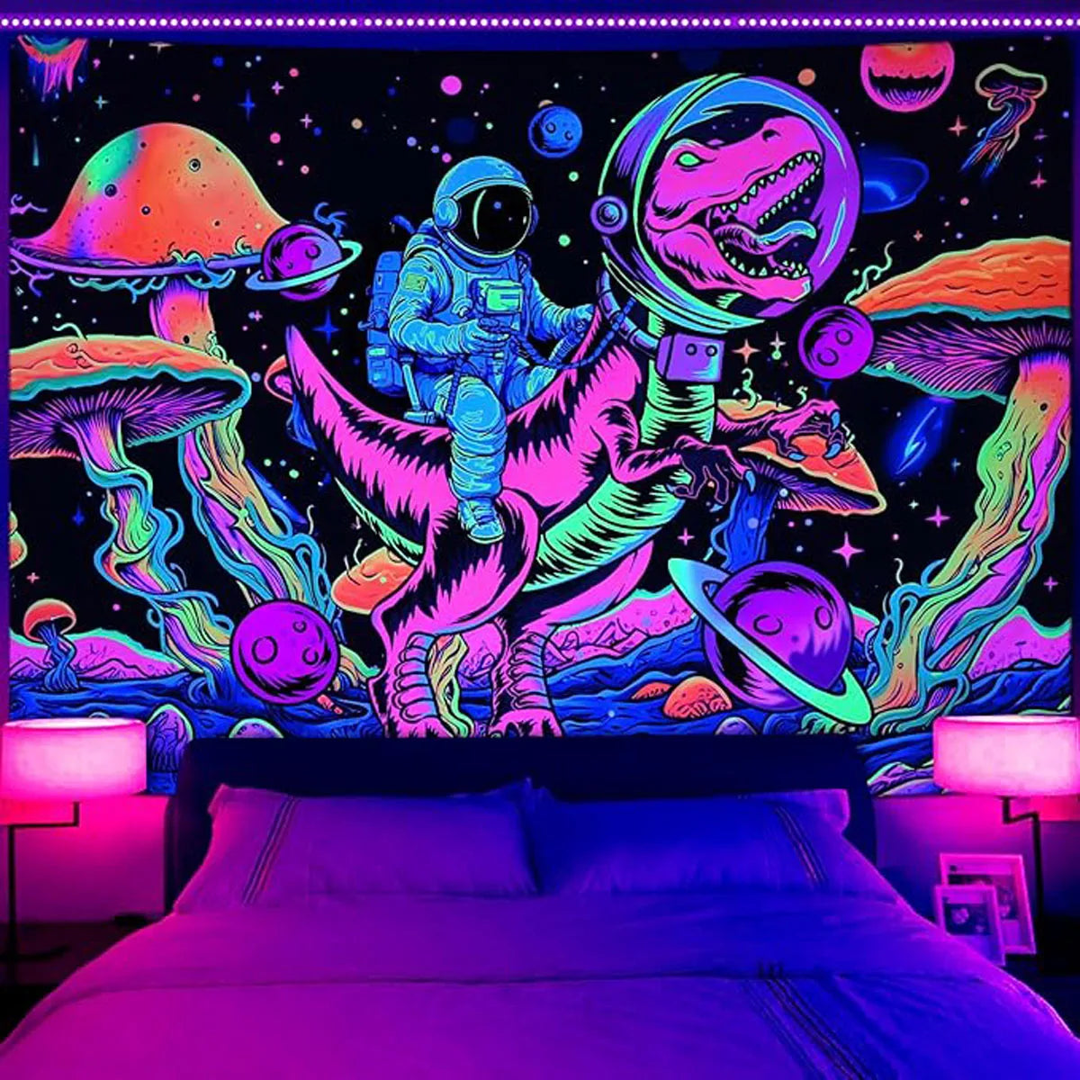 Blacklight Dinosaur Tapestry UV Reactive Space Astronaut Tapestries Neon Galaxy Planet Tapestry Stars Wall Hanging for Bedroom