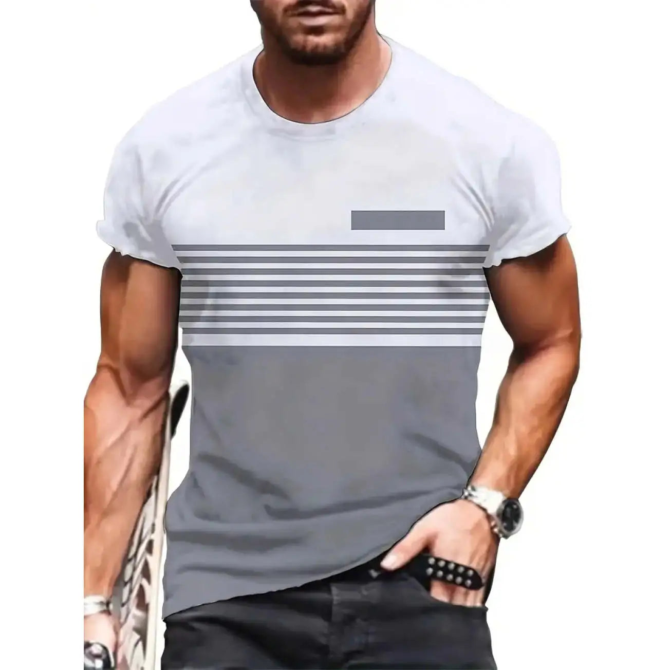 Classic Fit Men's T-Shirts Grey White Striped Trendy 2-Pack Customizable Set Knitted Fabric Customizable T-Shirt