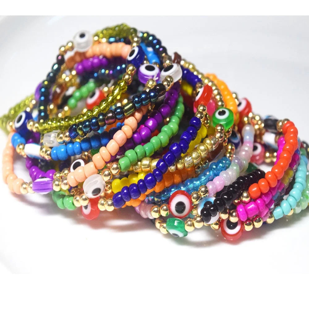 Bohemian Style Stackabele Handmade Glass Rice Seed Beads Beaded Elastic Devil Eye Bead Charm Bracelet Bangle Jewelry