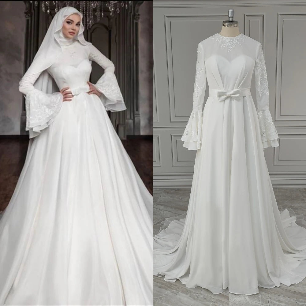 15572# Real Photos Dubai Flare Sleevs A-line Chiffon Wedding Dress Sweep Train Bride Gown With Appliques for Women With Scarves
