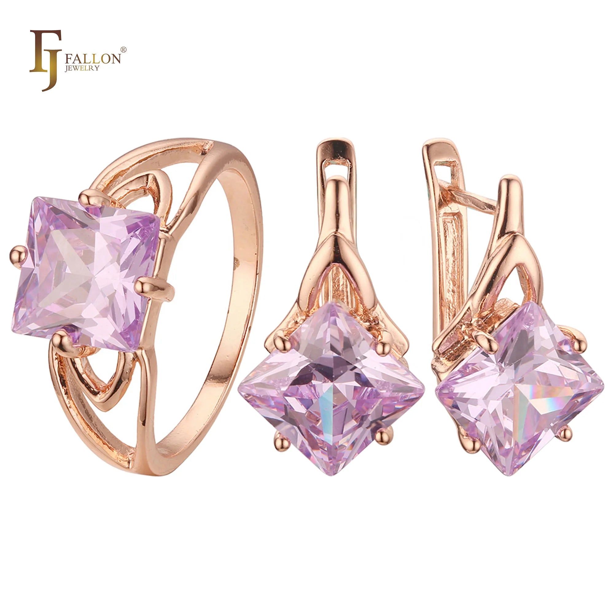 FJ Fallon Fashion Jewelry Solitaire Cut CZ Rings Jewelry Set Plated in Rose Gold Brass Based Split