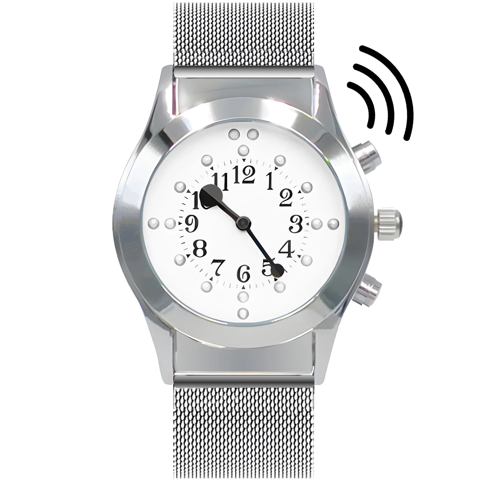 Ladies White Dial Chrome Steel Mesh Band Talking Braille Watch  for Blind People or Visually Impaired People or Old People