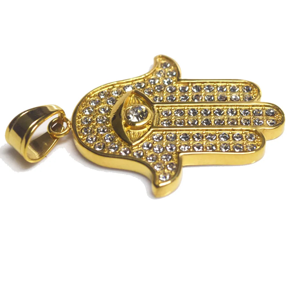 Fashion Trendy Men's Stainless Steel Zircon Beads Hand of Fatima Charm Pendant Necklace Women and Men Hip Hop Jewelry