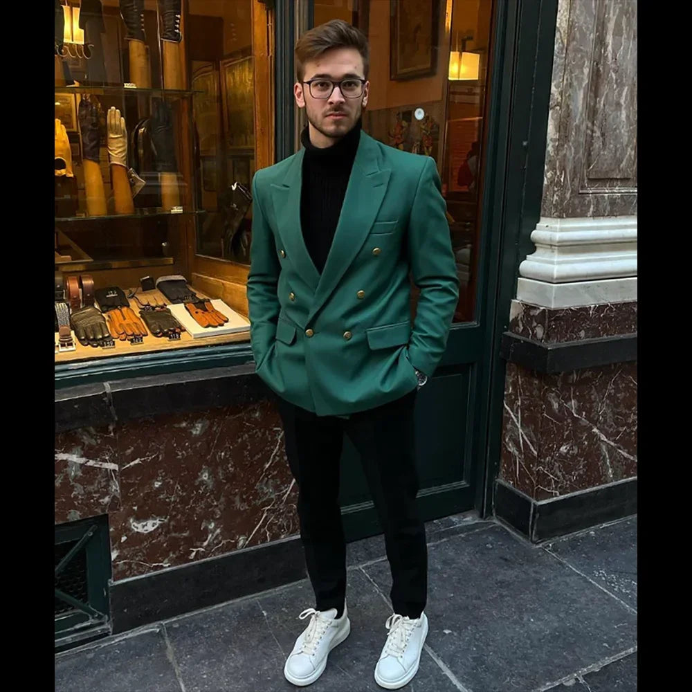 Men's Two Piece Suit Set (Green Jacket+Black Pants) New Gentlemen's Handsome Double Breasted Men's Clothing Set Casual Menswear