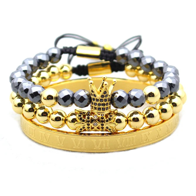 Luxury 4Pcs/Set Men's Gold Crown Bracelet Roman Numerals Engraved Bangle CZ Crown Braided Men Bracelet