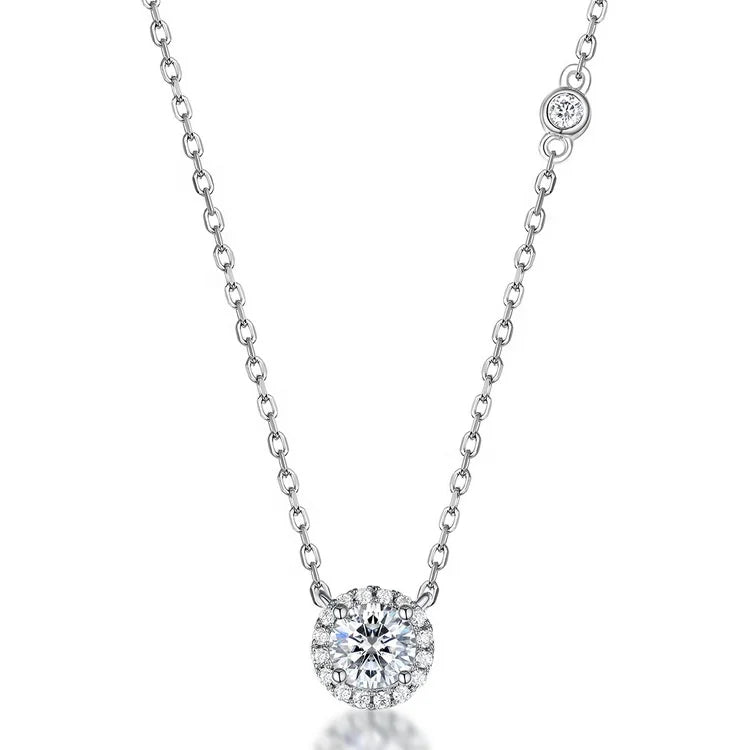 S925 Sterling Silver D Color VVS1 Moissanite Halo Pendant Necklace with Side Accent for Women