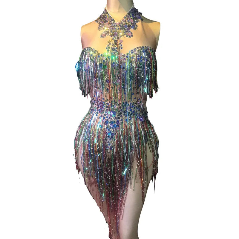 Multicolor Tassel Leotard Sparkly Rhinestones Elastic Skinny Sleeveless Fringes Birthday Party Bodysuit Womens Stage Costume