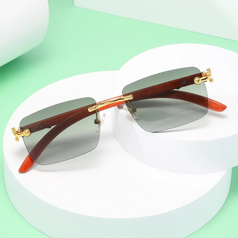 2023 Fashionable Golden Leopard Metal Frameless Rimless Cut Edge Wood Grain Mirror Leg Women Sunglasses Brand Designer Shade