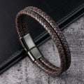 Men's Stainless Steel Clasp Double Layer Real Genuine Leather Bracelet L20138 New Design Fashionable Bangles Jewelry