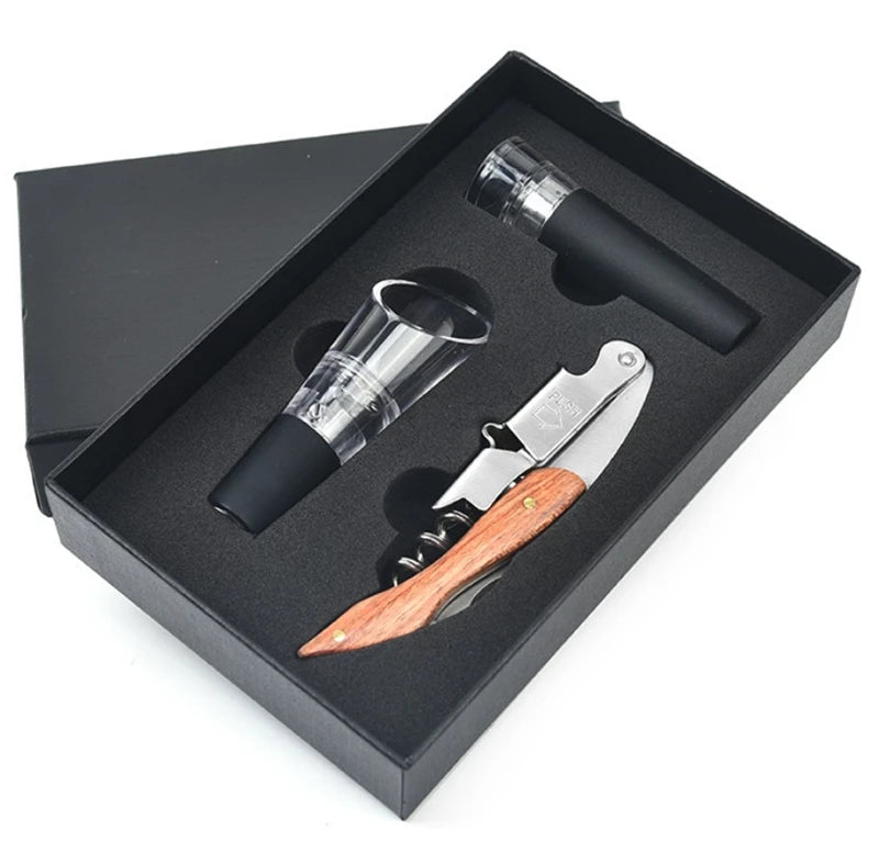 HXY Custom 3-Piece Luxurious Wine Bottle Opener Set with Stainless Steel & Padauk Wood Stopper & Pourer Gift Box