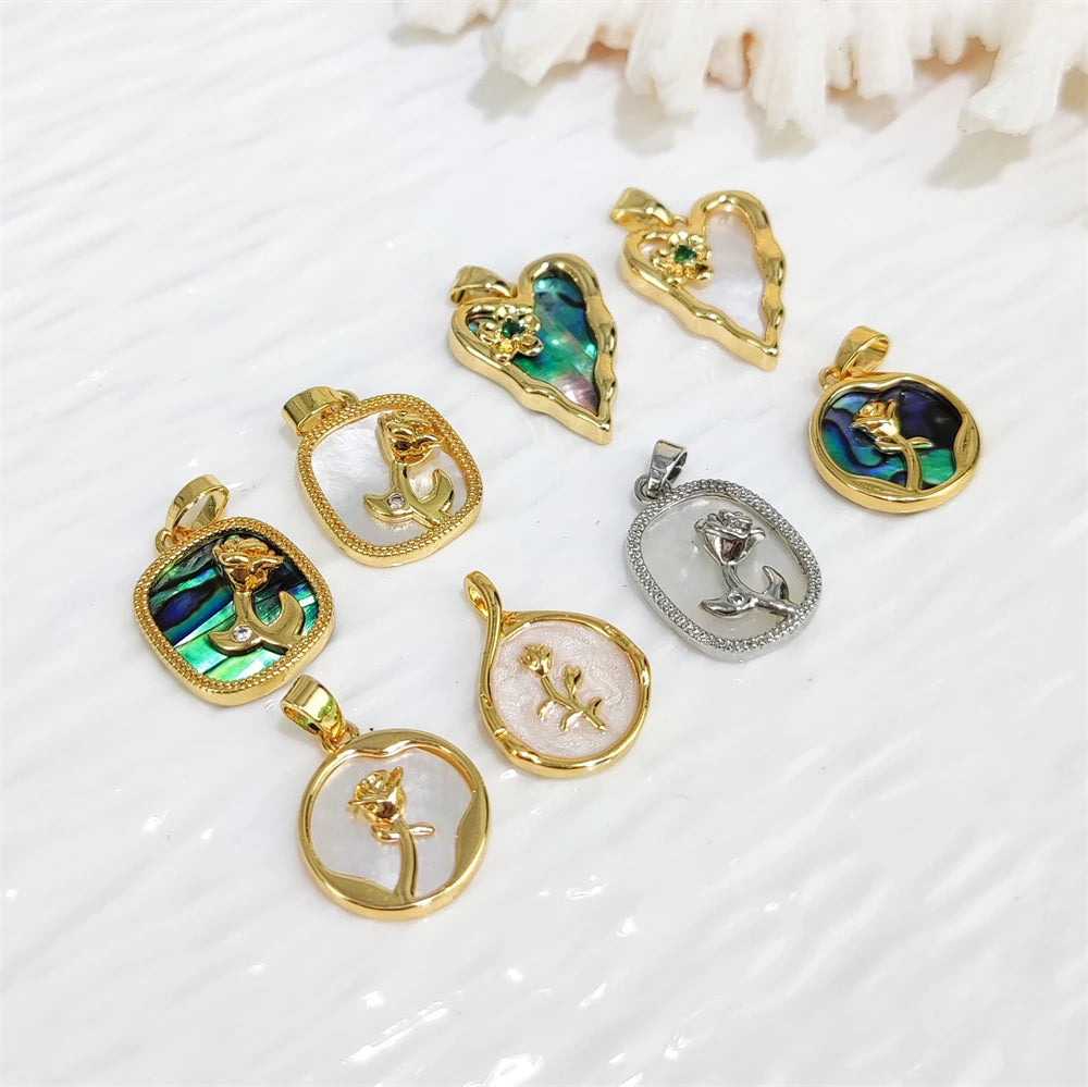 Bohemia Jewelry Personalized Design Gold Plated Enamel Rose Flower Heart Shell Charms Abalone Shell MOP Pendant for Jewelry DIY