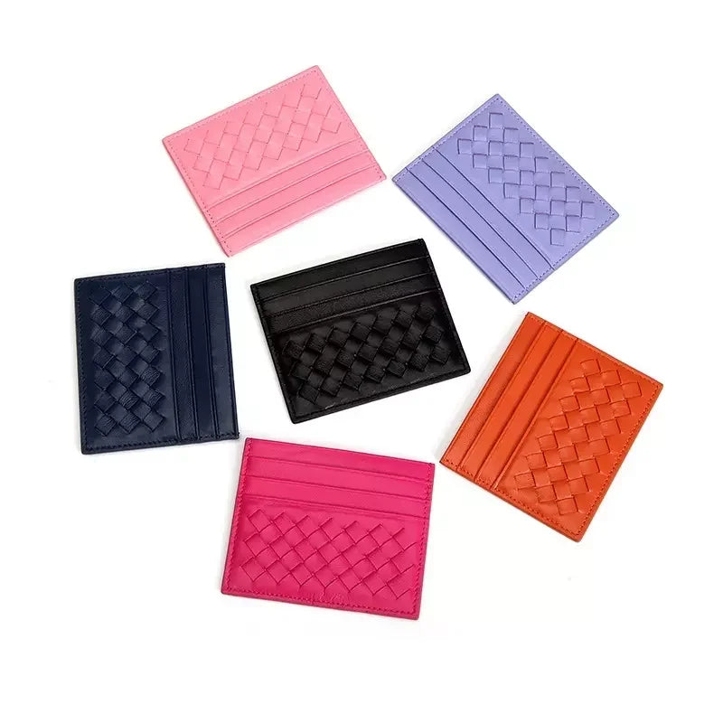 Wholesale Fashion Leather Credit Card Holder Portable Genuine Leather Woven Cardholder Wallet