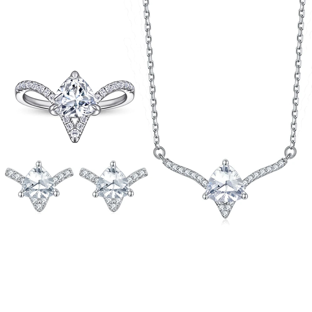 Fine Jewellery Set Featuring V-Shaped Triangular Zircon 925 Sterling Silver for Wedding Party Engagement or Gift