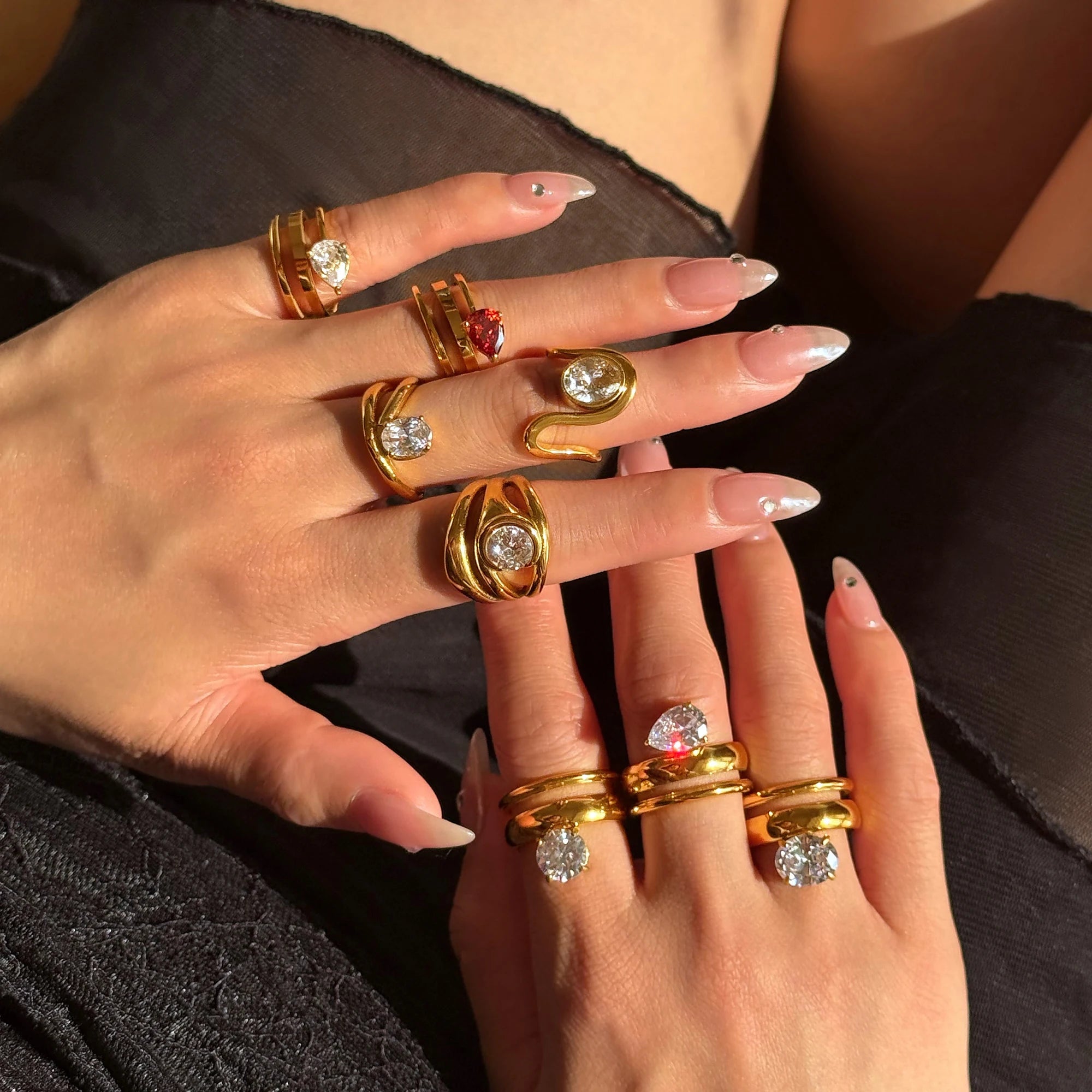 NEW VINTAGE FRENCH ROMANTIC LINE BLINGBLING ZIRCON RING Dazan New 18k PVD Gold Plated Stainless Steel SPRING RUNWAY JEWELRY Set