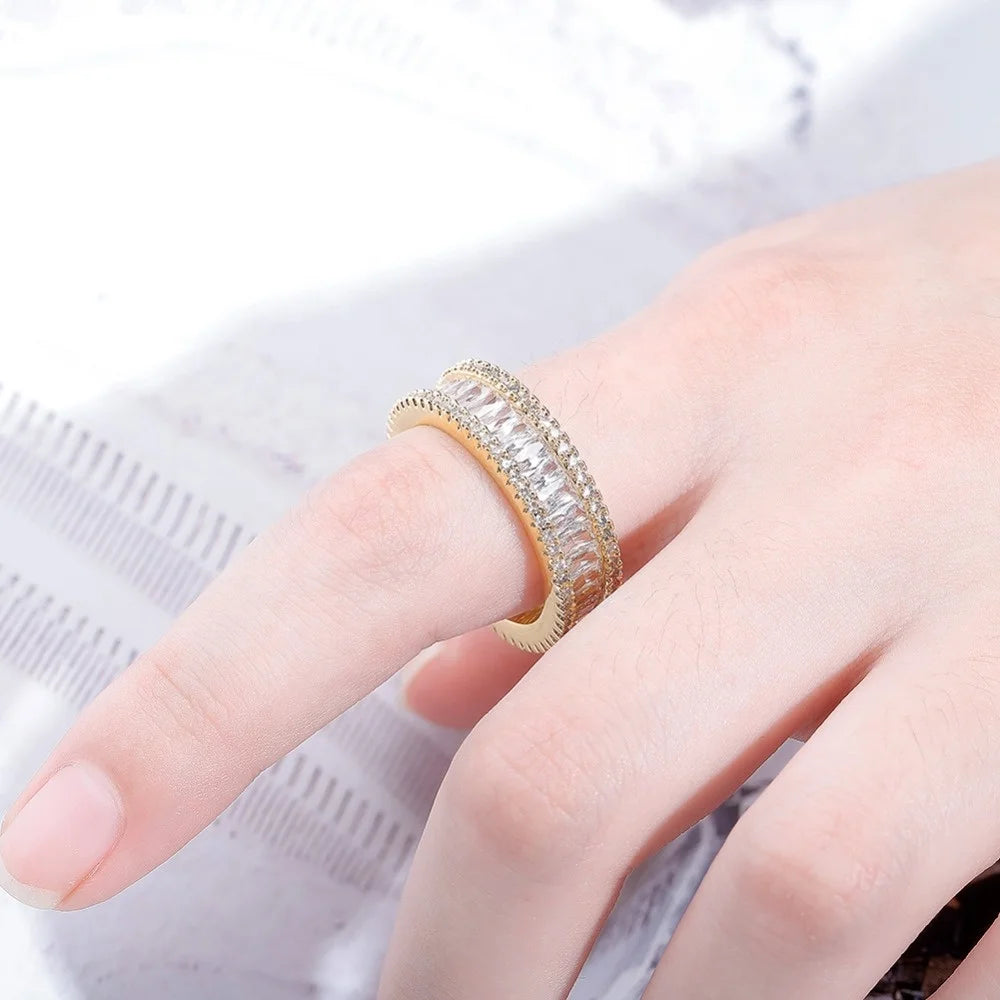 Cool Hip Hop Couple Rings Fashion Square Cubic Zircon & Micro Pave Lab Diamonds Brass Gold Plated for Men & Women Jewelry
