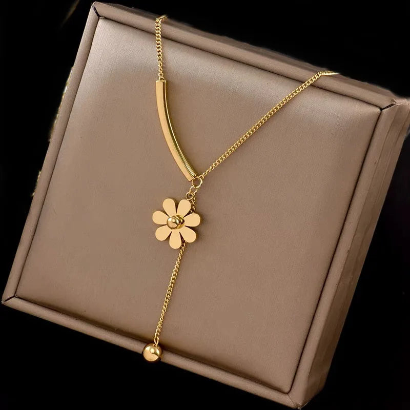 Colorfast Stainless Steel Necklace Cool Temperament Lady With Tassel Delicate Choker Daisy Necklace