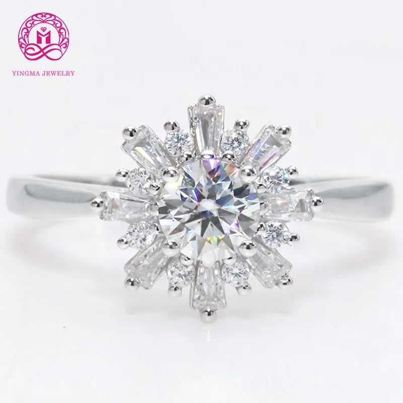 Fancy Daisy Flower Design Rond Brilliant Cut D VVS Solid 14K 18K White Gold Moissanite Engagement Ring for Women
