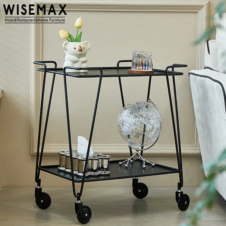 WISEMAX FURNITURE Modern Home Decor Sofa Side Table Organizer Metal Shelf 2 Tier Serving Rolling Kitchen Trolley Storage Rack