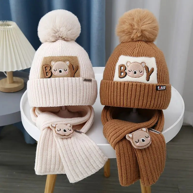 Children's Winter Warm Hat & Scarf Set 100% Acrylic Knitted Beanies Adjustable Unisex