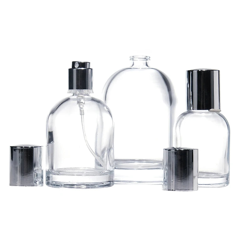 30ml 50ml Clear Glass Perfume Bottles Cylinder Shape with Pump Cap Screw Cap Hot Stamped Surface Empty Spray Perfume Containers