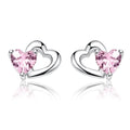 925 Sterling Silver Double Heart to Heart Pink CZ Stud Earrings for Women Brincos Fine Jewelry Bijoux SCE090