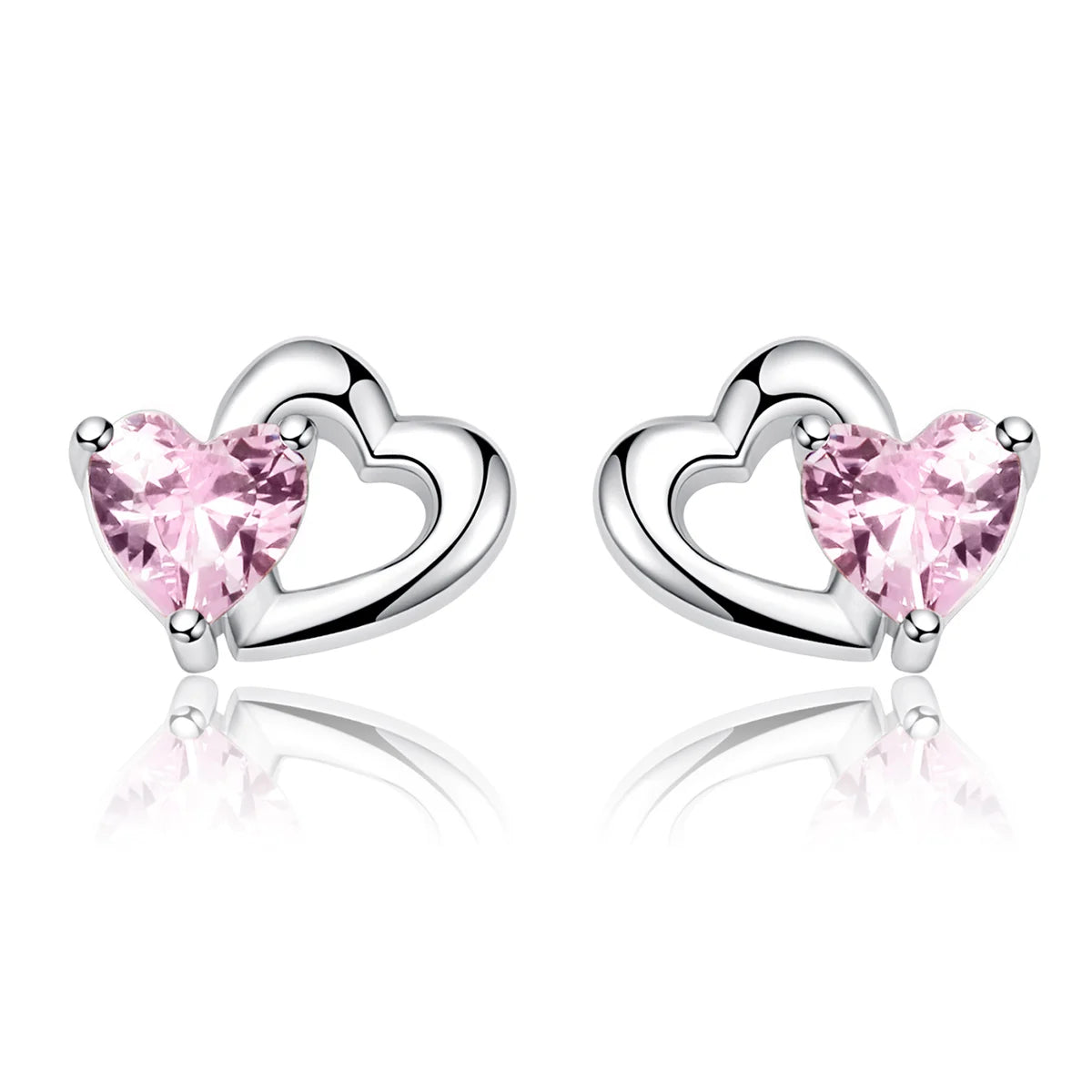 925 Sterling Silver Double Heart to Heart Pink CZ Stud Earrings for Women Brincos Fine Jewelry Bijoux SCE090