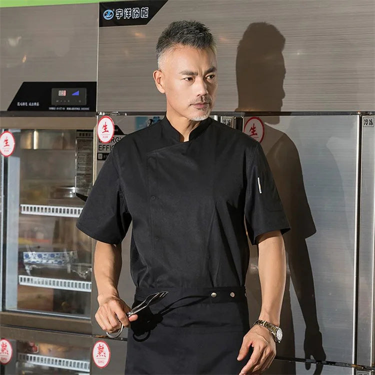 Factory logo Custom Men Women Unisex Kitchen Catering Short Sleeve Restaurant Cooking Cafe Chef Jacket Cook Uniform Chef Coat